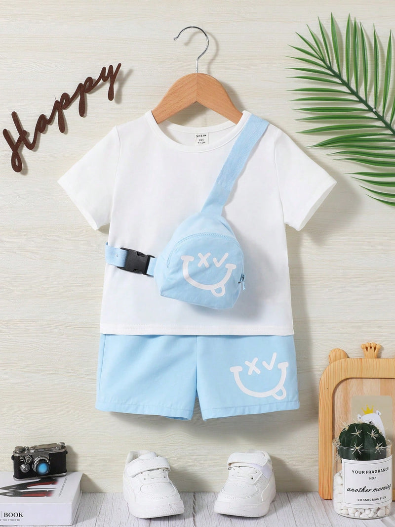 Conjunto de 3 peças para bebê menino ou menina, camiseta de cor sólida com gola redonda, design de desenho animado, bolsa de ombro e shorts