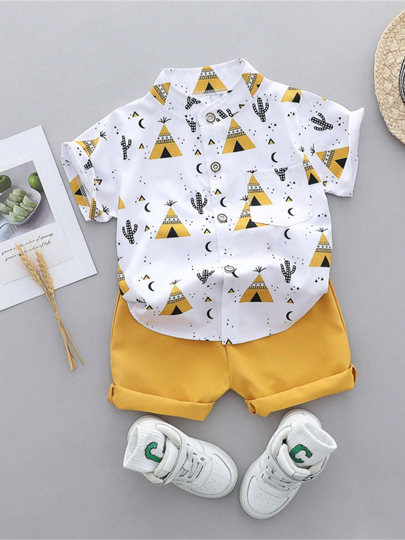 Conjunto de Camisa de Manga Curta com Gola Completa e Shorts Estampado de Verão para Menino