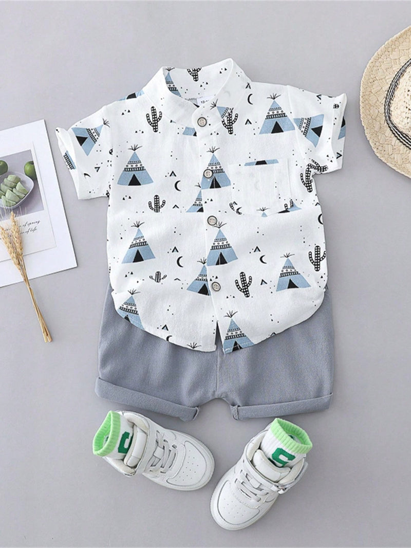 Conjunto de Camisa de Manga Curta com Gola Completa e Shorts Estampado de Verão para Menino