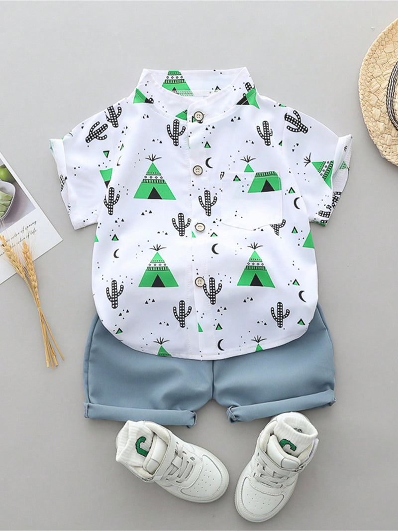 Conjunto de Camisa de Manga Curta com Gola Completa e Shorts Estampado de Verão para Menino