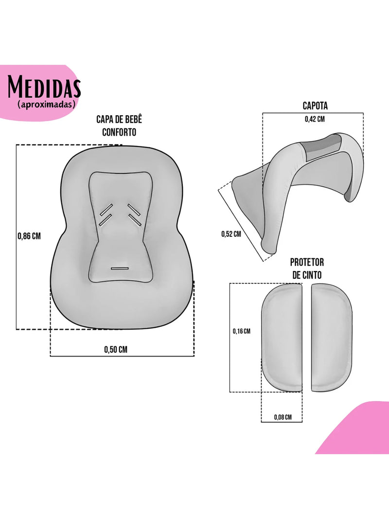 Combo - Capa para Bebê Conforto, Capota Protetora Solar e Protetores de Cinto - Diversas Cores