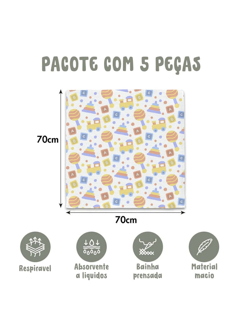 Pacote com 5 Fraldas de Pano Luxo Marca Minasrey Estampadas p/ Bebês e Recém-Nascidos 70cm x 70cm - 100% Algodão Duplo, Extra Absorvente - Ideal para Enxoval