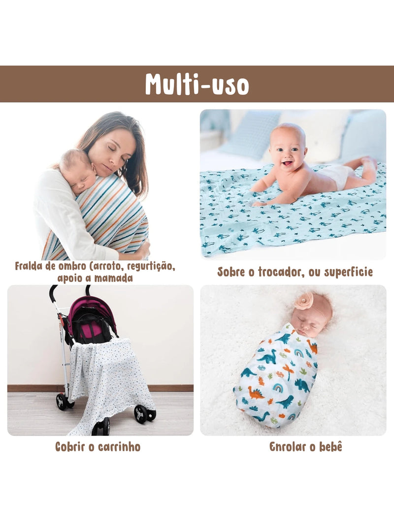 Pacote com 5 Fraldas de Pano Luxo Marca Minasrey Estampadas p/ Bebês e Recém-Nascidos 70cm x 70cm - 100% Algodão Duplo, Extra Absorvente - Ideal para Enxoval